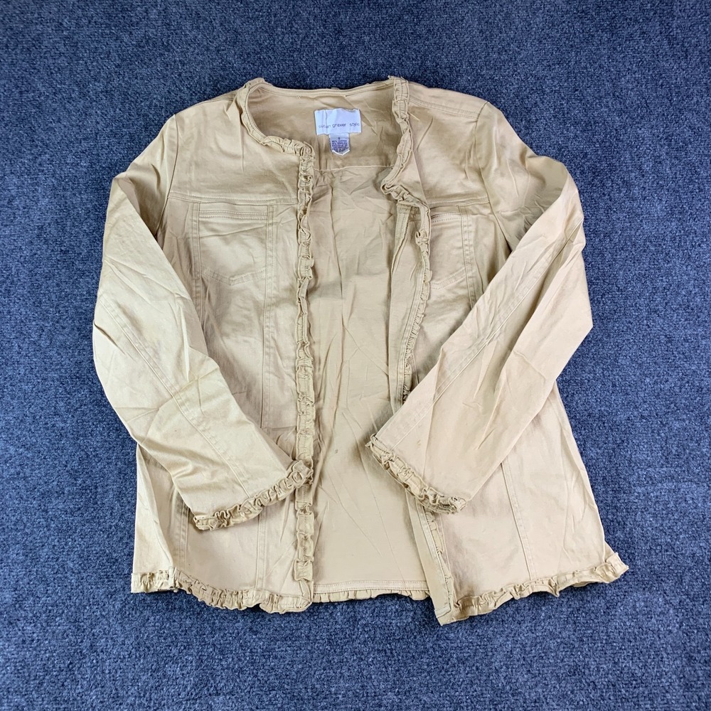 Susan Graver Style Blazer Jacket Womens S Beige Cotton Stretch Ruffle Open Front